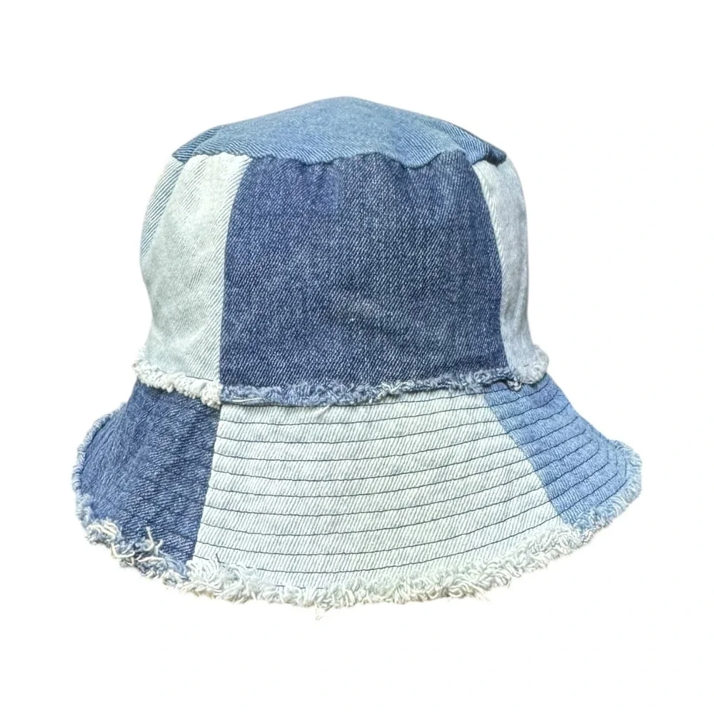 Garage‎ Patchwork Denim Bucket Hat Blue Frayed Raw Edge Y2K Festival One Size